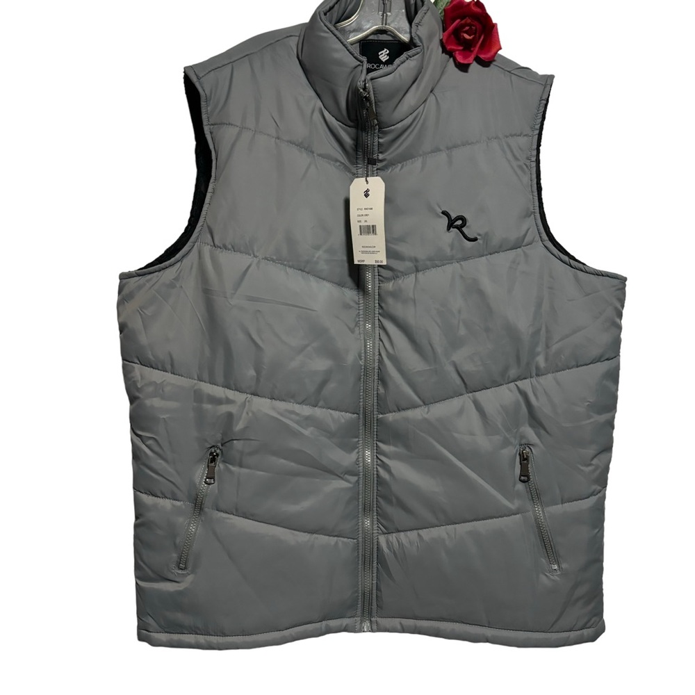 Men’s ROCAWEAR  Puffer Vest Mock Neck 2XL Grey Zips NWT GIFT Cabin-core granola